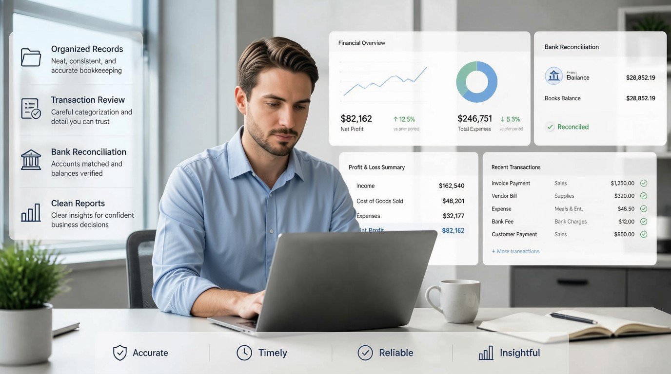 Certified QuickBooks ProAdvisor reviewing a bookkeeping cleanup project on a laptop