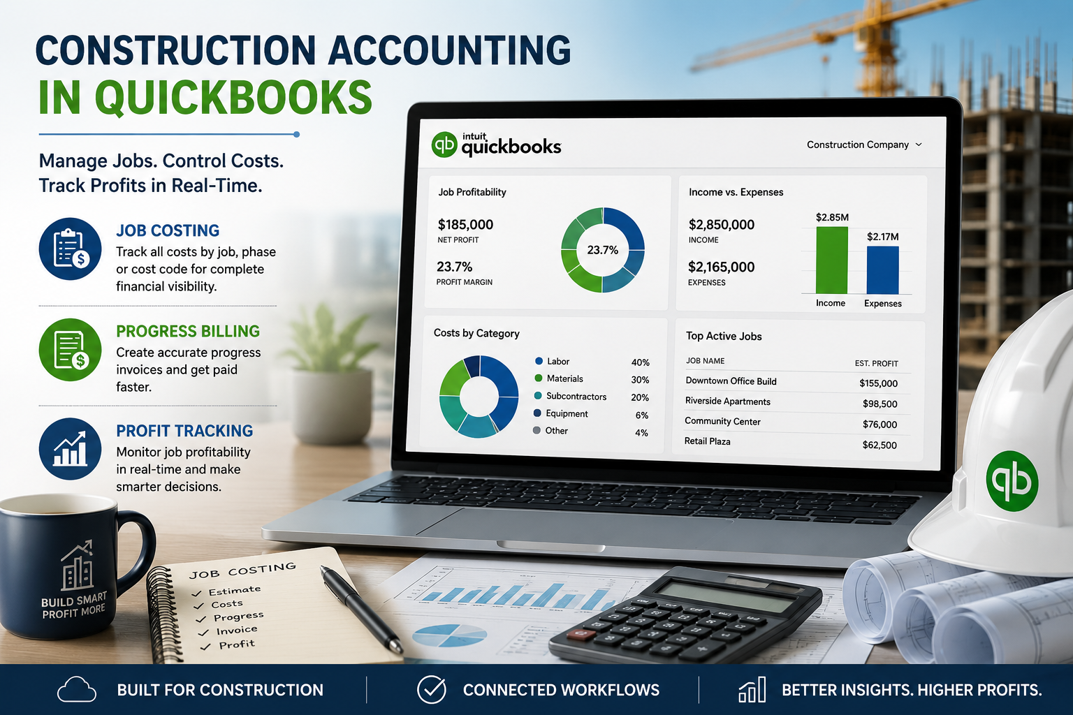 Job costing, progress billing, and WIP tracking workflow in QuickBooks Online for construction