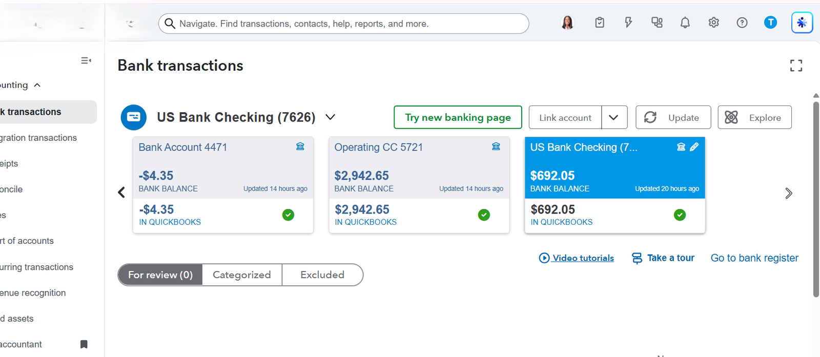 Multiple reconciled accounts in QuickBooks Online